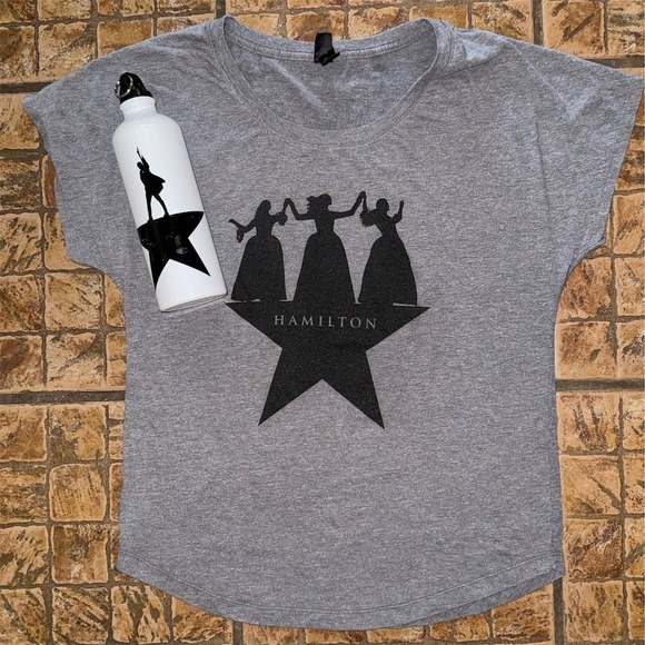 Hamilton Women's T-Shirt L Broadway Musical Top Schuyler sisters w/ water bottle - Picture 1 of 11